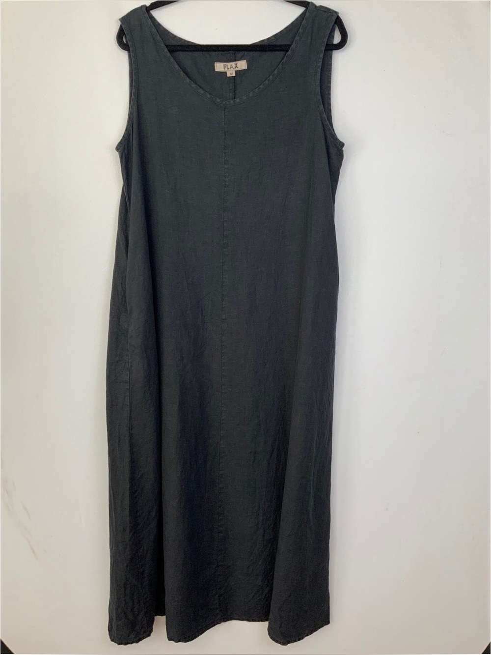 FLAX Linen Medium Black/Charcoal Scoop Neck Sleeveless Oversized Maxi Tent Dress